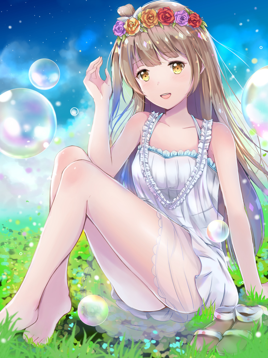 1girl :d arm_support bare_shoulders barefoot brown_hair bubble dress flower grass hair_flower hair_ornament head_wreath highres legs legs_up long_hair love_live!_school_idol_project minami_kotori sandals sandals_removed see-through shoes_removed side_ponytail sky smile solo tailam yellow_eyes