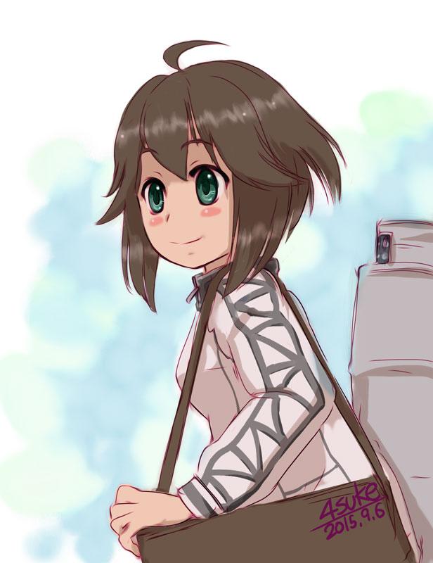1girl 2015 4suke ahoge alternate_eye_color alternate_hair_color aqua_eyes artist_name bag bangs blush brown_hair commentary_request dated hair_between_eyes handbag hayasui_(kantai_collection) kantai_collection long_sleeves simple_background smile solo track_jacket white_background zipper
