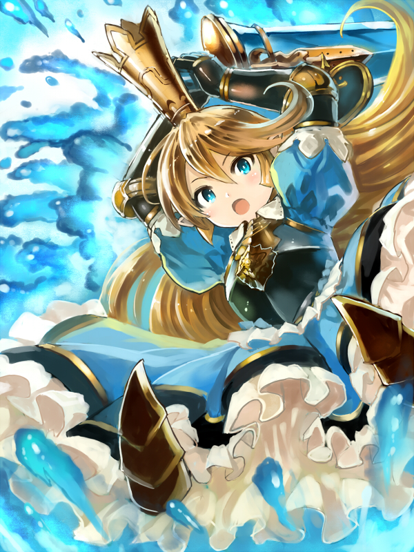 &gt;:o 1girl :o armor armored_dress arms_up bangs blonde_hair blue_dress blue_eyes blush breastplate charlotte_(granblue_fantasy) crown dress edobox frilled_dress frills granblue_fantasy hair_between_eyes holding holding_sword holding_weapon long_hair looking_at_viewer open_mouth pointy_ears puffy_short_sleeves puffy_sleeves short_sleeves solo sword water weapon