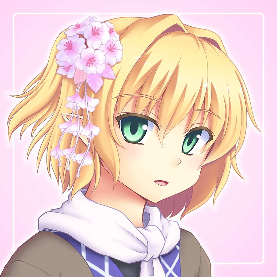 1girl blonde_hair flower gomi_(gomitin) green_eyes hair_flower hair_ornament looking_at_viewer mizuhashi_parsee open_mouth pink_background pointy_ears portrait scarf shirt smile solo touhou white_scarf