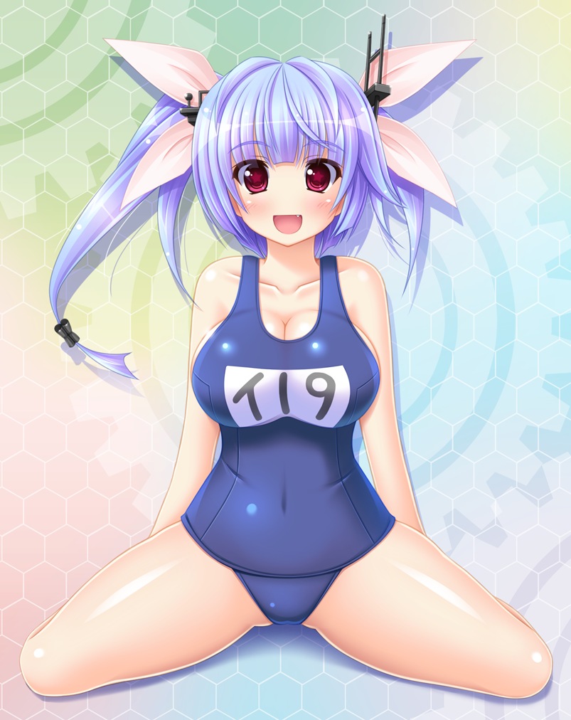 1girl blue_hair blush breasts cleavage collarbone fang full_body hair_ribbon honeycomb_background i-19_(kantai_collection) kantai_collection large_breasts long_hair looking_at_viewer nak_yama name_tag one-piece_swimsuit open_mouth red_eyes ribbon school_swimsuit solo star star-shaped_pupils swimsuit symbol-shaped_pupils tri_tails twintails