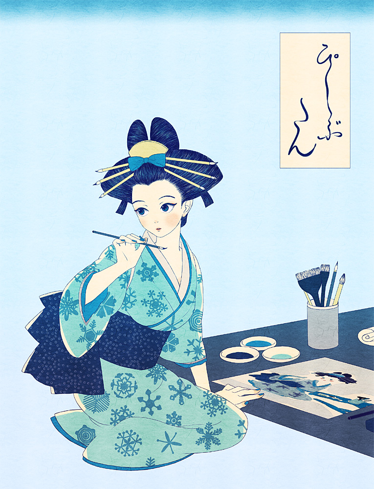 1girl black_hair blue_eyes bow calligraphy calligraphy_brush commentary_request eyeliner hair_bow hair_ornament hair_stick japanese_clothes kimono makeup myouga_no_ko obi paintbrush pixiv pixiv-tan recursion sash seiza sitting snowflake_print solo