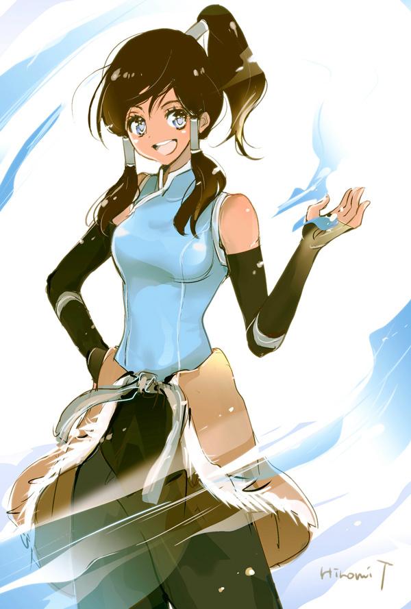 1girl :d artist_name avatar:_the_last_airbender bare_shoulders brown_hair dark_skin detached_sleeves fur_trim hair_tubes high_ponytail korra legend_of_korra long_hair open_mouth smile solo takashima_hiromi