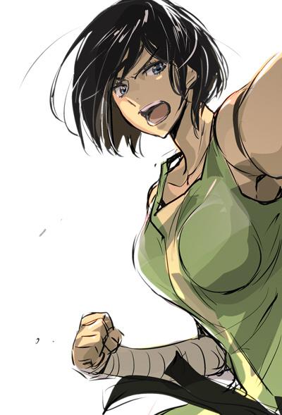 &gt;:o 1girl :o avatar:_the_last_airbender bandages black_hair clenched_hand dark_skin jpeg_artifacts korra legend_of_korra open_mouth pov short_hair solo spoilers takashima_hiromi tank_top