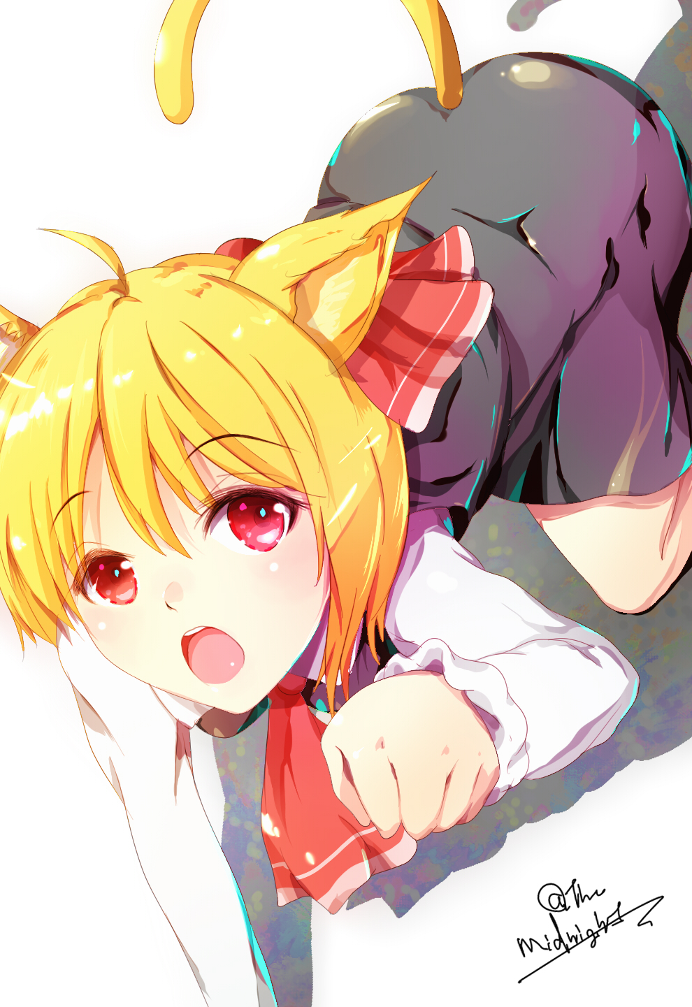 1girl animal_ears ascot blonde_hair cat_ears cat_tail hair_ornament hair_ribbon highres kemonomimi_mode kneeling long_sleeves looking_at_viewer mayonaka_taruho open_mouth paw_pose red_eyes ribbon rumia shirt short_hair simple_background skirt skirt_set solo tail touhou twitter_username vest white_background
