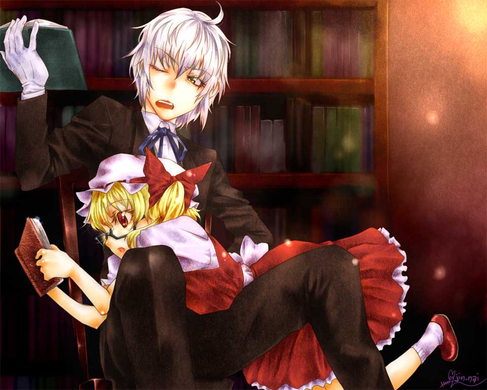 ahoge bespectacled blonde_hair book flandre_scarlet formal glasses gloves hat hat_ribbon jin_nai morichika_rinnosuke open_mouth reading red_eyes ribbon shoes short_hair short_sleeves side_ponytail silver_hair skirt skirt_set suit touhou yellow_eyes