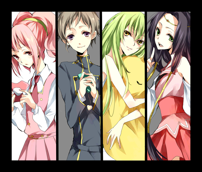 bad_id black_hair brown_hair c.c. cc cellphone cheese-kun circlet code_geass column_lineup green_eyes green_hair hairband japanese_clothes jewelry karu locket long_hair necktie pendant phone pink_hair pizza_hut purple_eyes red_eyes rolo_lamperouge school_uniform short_hair skirt smile sumeragi_kaguya violet_eyes yellow_eyes yuzuki_karu