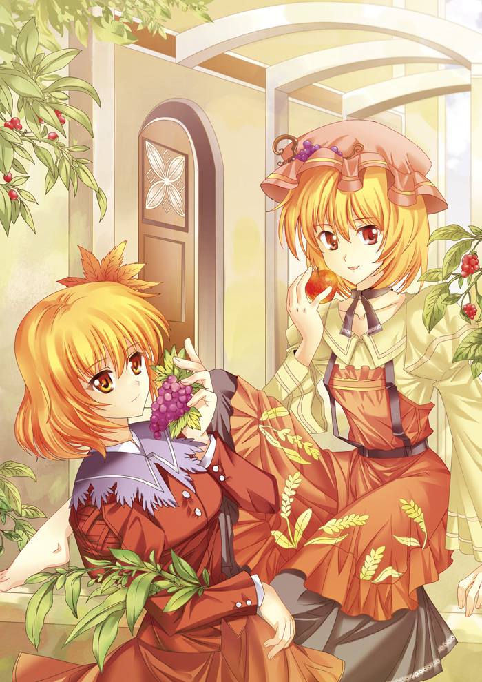 aki_minoriko aki_shizuha apple bad_id barefoot blonde_hair door food fruit grapes hat leaf leaves looking_at_viewer multiple_girls pico_(picollector79) red_eyes short_hair siblings sisters sitting smile touhou yellow_eyes