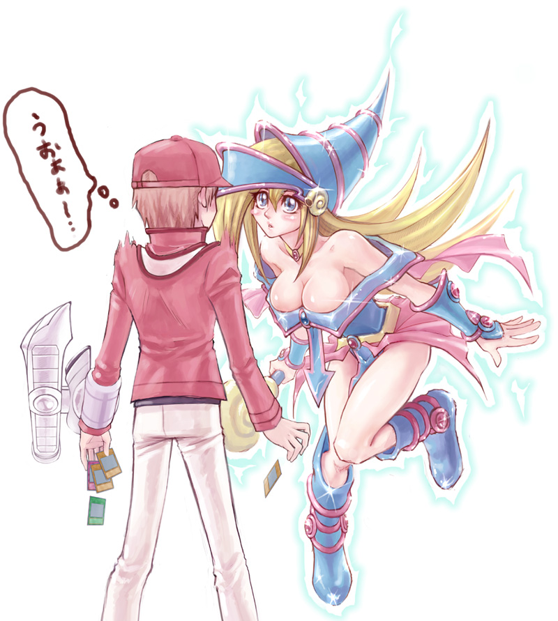 baseball_cap blonde_hair blue_eyes boots breasts card choker cleavage dark_magician_girl duel_disk falling_card hat helm helmet hisigata holding holding_card long_hair tag_force translated wand witch_hat wizard_hat yu-gi-oh! yu-gi-oh_tag_force yuu-gi-ou yuu-gi-ou_gx yuu-gi-ou_gx_tag_force