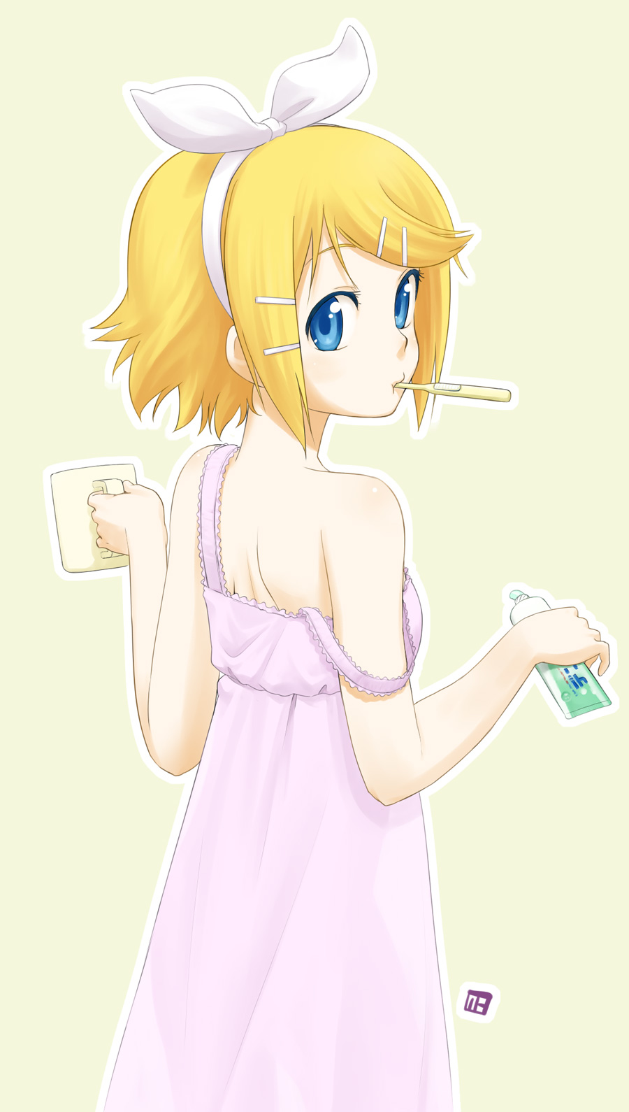 blue_eyes cup hair_ornament hairclip highres kagamine_rin looking_back mouth_hold nagian nightgown short_hair simple_background solo strap_slip toothbrush toothpaste vocaloid