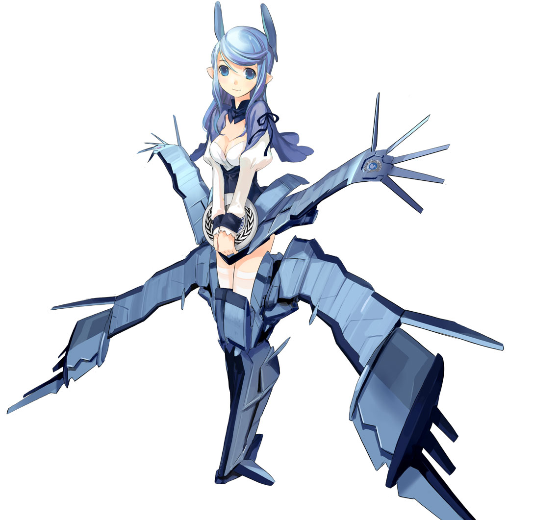 aircraft_carrier artist_request banshee blue_eyes blue_hair breasts carrier choker cleavage fairy_air_force long_hair mecha mecha_musume pointy_ears ribbon sentou_yousei_yukikaze simple_background sky_base smile solo standing striker_unit thigh_highs thighhighs tray waitress white_legwear wings yukikaze zettai_ryouiki