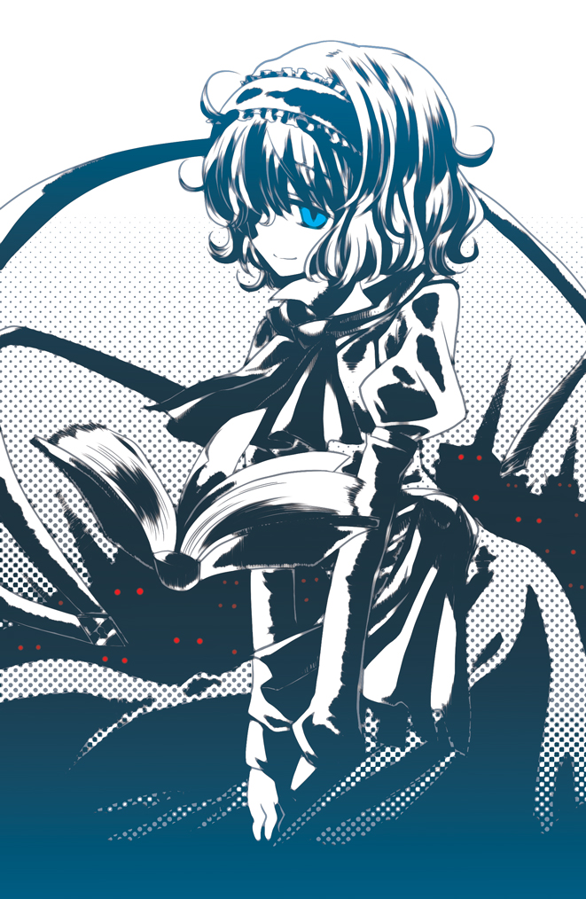 1girl alice_margatroid blue_eyes book curly_hair eyes floating gradient hair_over_one_eye hairband halftone halftone_background monochrome myama short_hair smile solo spot_color touhou