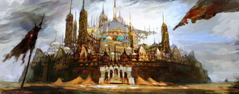 castle city concept_art final_fantasy final_fantasy_xiv flag fortress landscape traditional_media watercolor_(medium)