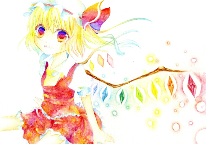 blonde_hair flandre_scarlet gradient_eyes hat hayashi_sakino multicolored_eyes multicolored_hair red_eyes short_hair smile solo touhou traditional_media umebayashi_saki watercolor watercolor_(medium) wings