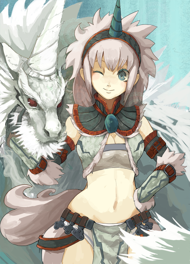 blue_eyes breasts cleavage cleavage_cutout elbow_gloves gloves hairband horn horns kirin kirin_(armor) midriff monster_hunter navel nigoro short_hair silver_hair white_hair wide_hips wink