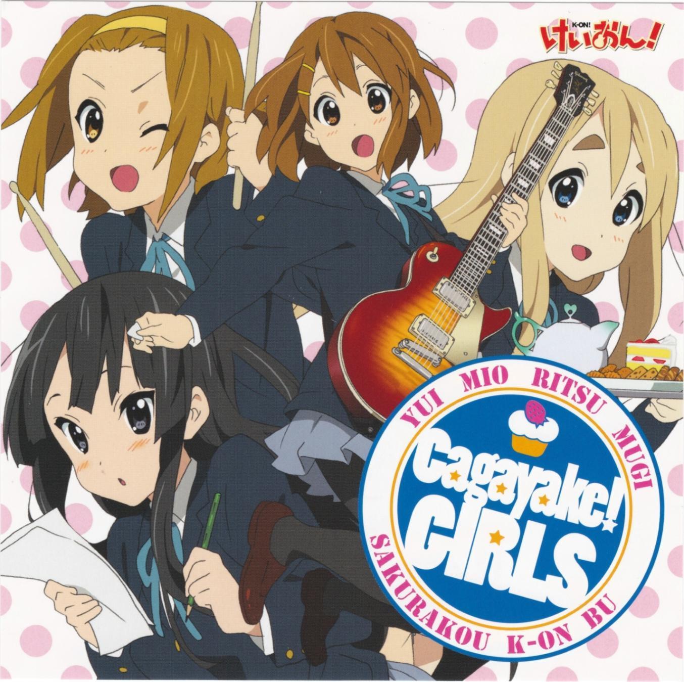 akiyama_mio album album_cover bangs black_eyes black_hair blonde_hair blue_eyes blunt_bangs brown_eyes brown_hair cover guitar hairband highres hime_cut hirasawa_yui instrument k-on! kotobuki_tsumugi les_paul long_hair multiple_girls official_art pantyhose pencil school_uniform short_hair tainaka_ritsu teapot wooden_pencil