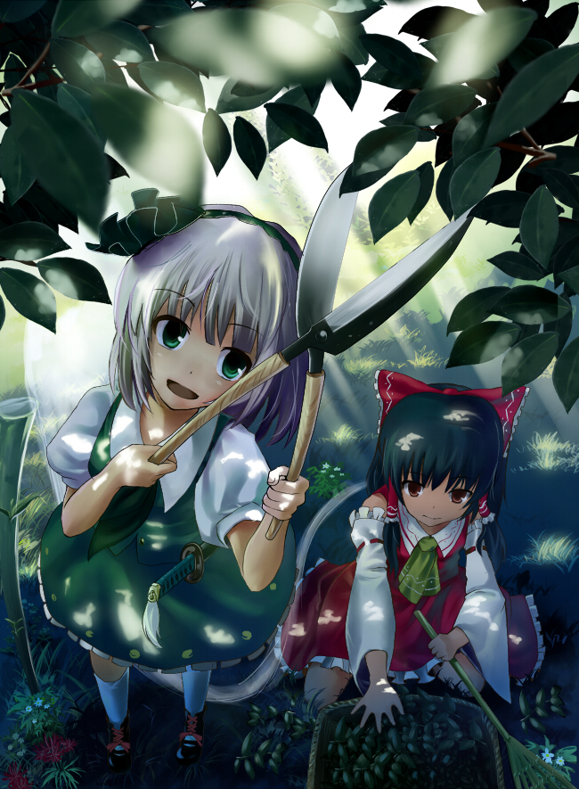 bad_id black_hair bow detached_sleeves foreshortening from_above ghost green_eyes hairband hakurei_reimu hedge_clippers hedge_trimmer hidebo hitodama katana konpaku_youmu konpaku_youmu_(ghost) multiple_girls myon rake red_eyes ribbon short_hair silver_hair sword touhou weapon