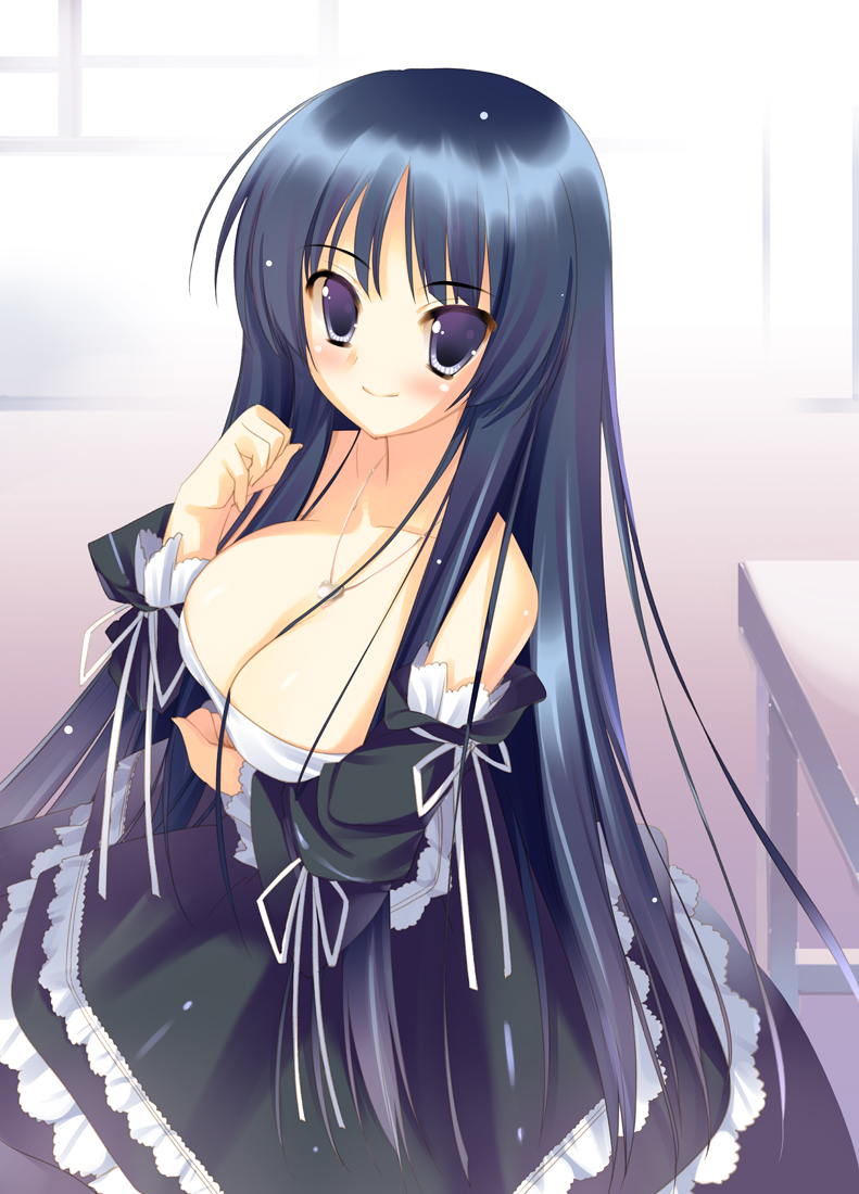 1girl akiyama_mio arikawa_satoru blue_eyes blue_hair breasts cleavage frills gown k-on! long_hair solo