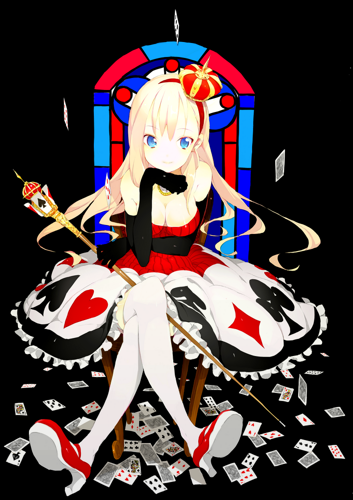 bare_shoulders blonde_hair blue_eyes breasts card cards chair chin_rest cleavage crossed_legs crown dress elbow_gloves floating_card frills gloves grey_card high_heels jewelry kazuko large_breasts long_hair lying_card necklace original playing_card playing_cards scepter shoes sitting solo thigh-highs thighhighs white_legwear white_thighhighs zettai_ryouiki
