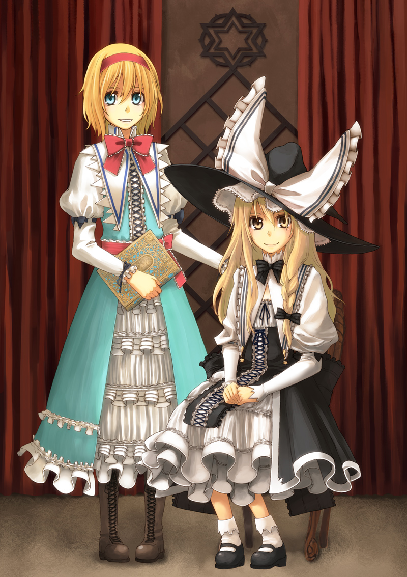 alice_margatroid blonde_hair blue_eyes book boots braid chair hairband hat kirisame_marisa long_hair mary_janes multiple_girls shoes short_hair sitting tarou touhou witch_hat yellow_eyes