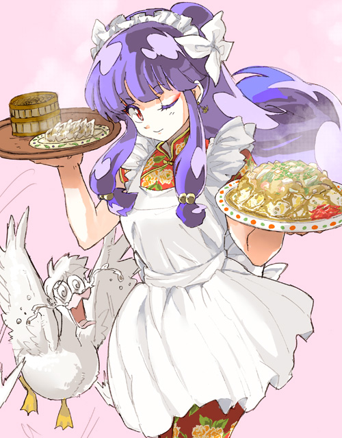 bun china_dress chinadress chinese_clothes double_bun duck earrings food headdress jewelry jiaozi long_hair mito_tomiko mousse purple_hair ranma_1/2 red_eyes shampoo_(ranma_1/2) smile steam tears tray wink