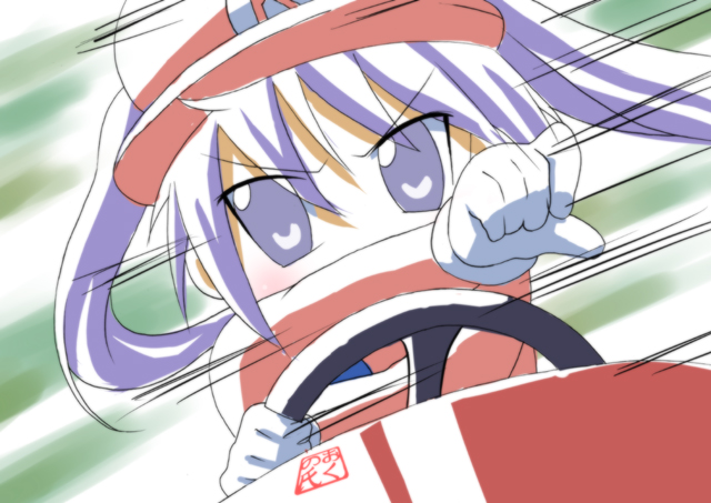 cosplay drifting hat hiiragi_kagami lavender_hair lines lucky_star mario mario_(cosplay) mario_kart nintendo oku_no_shi purple_eyes solo speed_lines steering_wheel super_mario_bros. twintails violet_eyes