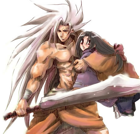 1boy black_hair brown_eyes carrying character_request guilty_gear hair_ribbon kliff_undersn long_hair lowres manly ribbon shirtless smile sword weapon white_background white_hair young