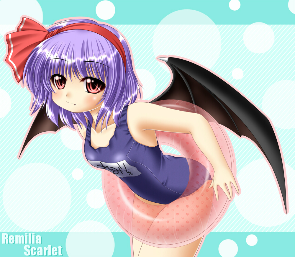 fang hairband innertube kagura_chitose one-piece_swimsuit purple_hair red_eyes remilia_scarlet school_swimsuit short_hair swimsuit touhou wings