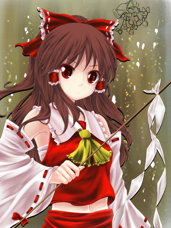 colored detached_sleeves gohei hairband hakurei_reimu japanese_clothes kai_aki long_hair midriff miko navel r0g0b0 red_eyes ribbon sarashi touhou yakumo_yukari