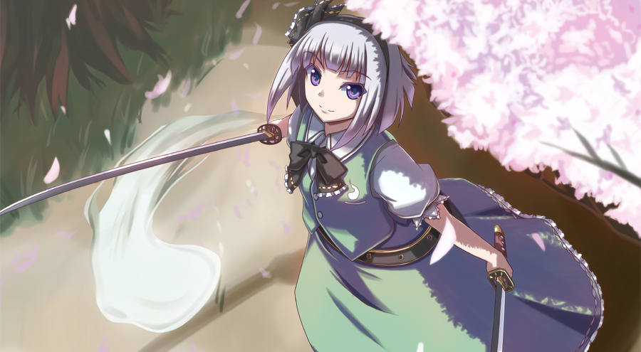 akiyasu belt bowtie cherry_blossoms dual_wielding from_above ghost hairband hitodama katana konpaku_youmu konpaku_youmu_(ghost) looking_up petals purple_eyes short_hair silver_hair smile solo sword touhou weapon