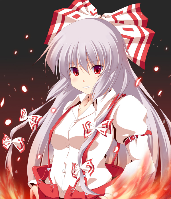 bad_id fujiwara_no_mokou hair_ribbon kurono_yuzuko long_hair red_eyes ribbon silver_hair solo suspenders touhou yuuko_(pixiv)