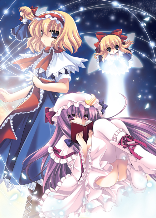 alice_margatroid blonde_hair blue_eyes book byruu doll hairband hat long_hair multiple_girls patchouli_knowledge purple_eyes purple_hair shanghai shanghai_doll short_hair string thigh-highs thighhighs touhou violet_eyes