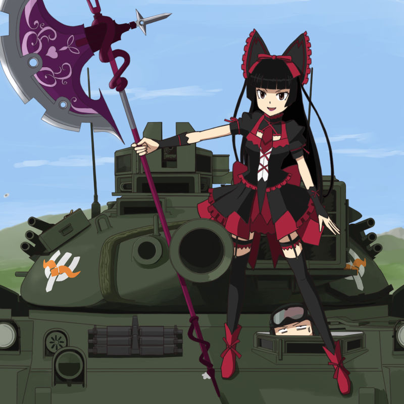 1girl commentary_request electro gate_-_jieitai_ka_no_chi_nite_kaku_tatakaeri gothic_lolita halberd lolita_fashion military military_vehicle polearm rory_mercury solo tank type_74 vehicle weapon