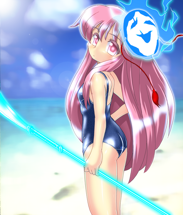 1girl commentary_request expressionless female hata_no_kokoro long_hair looking_at_viewer mask one-piece_swimsuit pink_eyes pink_hair polearm school_swimsuit solo spear swimsuit touhou uboa weapon winn youkai yume_nikki