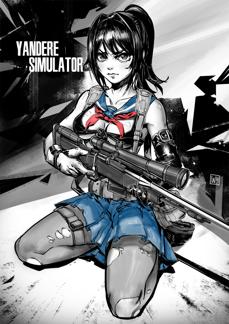 1girl belt belt_pouch black_hair cosplay gloves gun highres looking_at_viewer metal_gear_(series) miniskirt mismatched_gloves pantyhose pixelnoodle quiet_(metal_gear) rifle sailor_collar skirt sniper_rifle solo torn_clothes torn_pantyhose weapon yandere-chan yandere_simulator