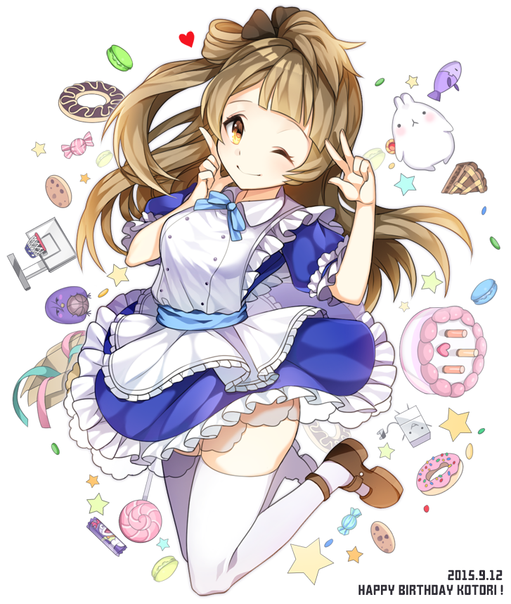 1girl 2015 ;) basketball basketball_hoop brown_hair cake candy character_name cookie dated doughnut english food happy_birthday heart long_hair looking_at_viewer love_live!_school_idol_project macaron minami_kotori one_eye_closed puchipu skirt smile solo star thigh-highs v white_background white_legwear yellow_eyes