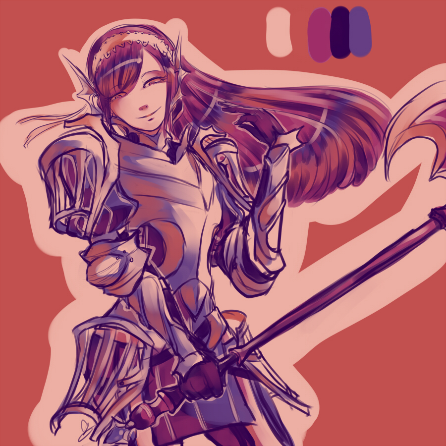 1girl axe battle_axe black_gloves color_guide crazy_smile dilaih fire_emblem fire_emblem:_kakusei gauntlets gloves hair_blowing hairband holding_weapon lace-trimmed_hair_ornament limited_palette long_hair orange_background outline pauldrons plate_armor ribbon serge_(fire_emblem) signature simple_background solo weapon white_ribbon