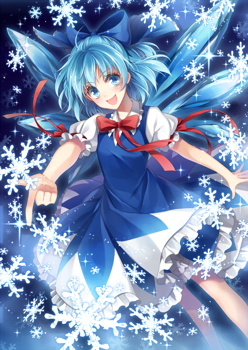 1girl blue_dress blue_eyes blue_hair blush cirno dress dutch_angle frills hagiwara_rin hair_ornament hair_ribbon ice ice_wings looking_at_viewer open_mouth pointing puffy_sleeves ribbon short_hair short_sleeves smile snowflakes solo sparkle touhou wings