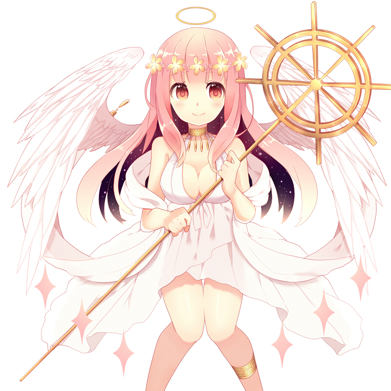 1girl angel angel_wings bare_shoulders blush breasts cleavage collar dress flower hair_flower hair_ornament halo head_wreath long_hair natsume3304 original pink_hair red_eyes simple_background smile solo staff white_background wings