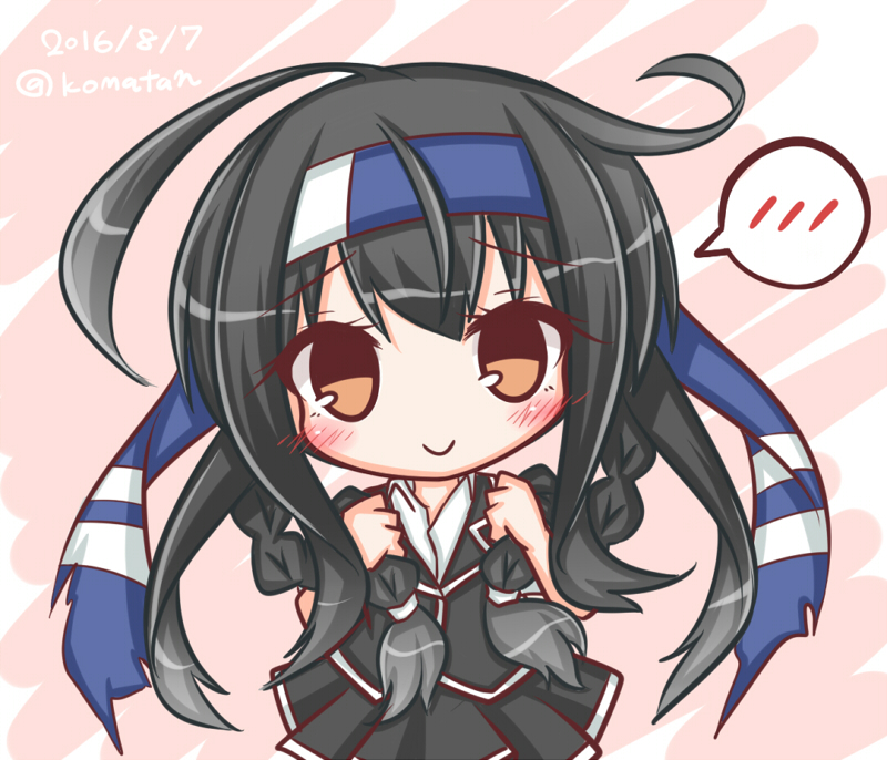 1girl alternate_hairstyle bangs black_hair black_jacket black_skirt blush braid brown_eyes closed_mouth collared_shirt dated eyebrows_visible_through_hair hair_between_eyes hatsushimo_(kantai_collection) head_tilt headband jacket kantai_collection komakoma_(magicaltale) long_hair looking_at_viewer low_twintails pleated_skirt remodel_(kantai_collection) shirt short_sleeves skirt smile solo spoken_blush twin_braids twintails twitter_username very_long_hair white_shirt