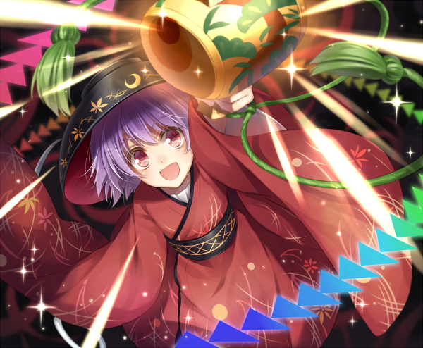 1girl arm_up bowl hagiwara_rin japanese_clothes kimono long_sleeves miracle_mallet needle obi object_on_head open_mouth purple_hair red_eyes sash short_hair smile solo sparkle string sukuna_shinmyoumaru touhou wide_sleeves