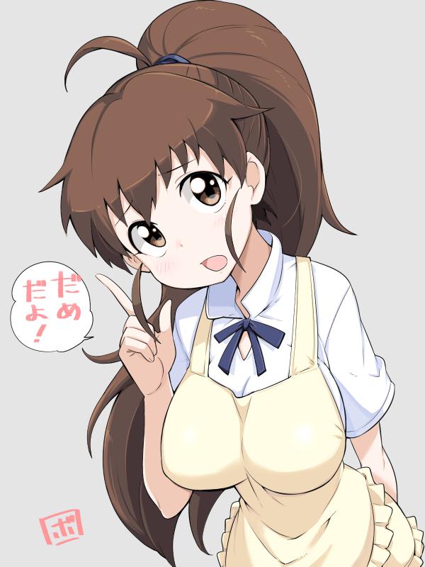 1girl apron blush bowieknife breasts brown_eyes brown_hair commentary_request frills grey_background jpeg_artifacts large_breasts long_hair looking_at_viewer open_mouth pointing ponytail ribbon signature simple_background solo speech_bubble taneshima_popura translation_request waitress working!!