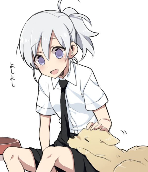 1girl animal dog flat_chest melty_blood necktie petting ponytail riesbyfe_stridberg school_uniform shorts silver_hair six_(fnrptal1010) tomboy tsukihime violet_eyes younger