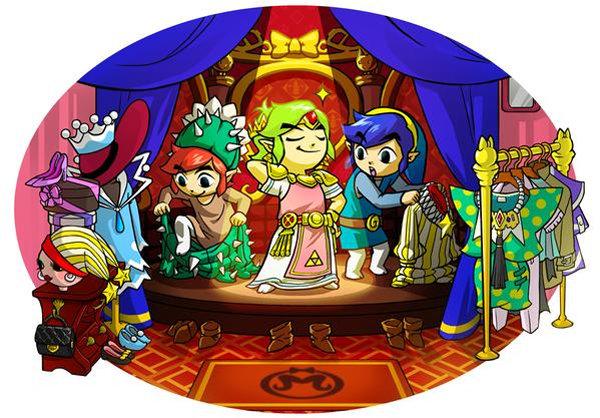 3boys ankle_boots belt blue_hair boots closed_eyes crossdressinging green_hair harlequin hat jester_cap link multiple_boys official_art redhead smile sparkle spotlight the_legend_of_zelda thigh-highs tiara toon_link tri_force_heroes white_legwear