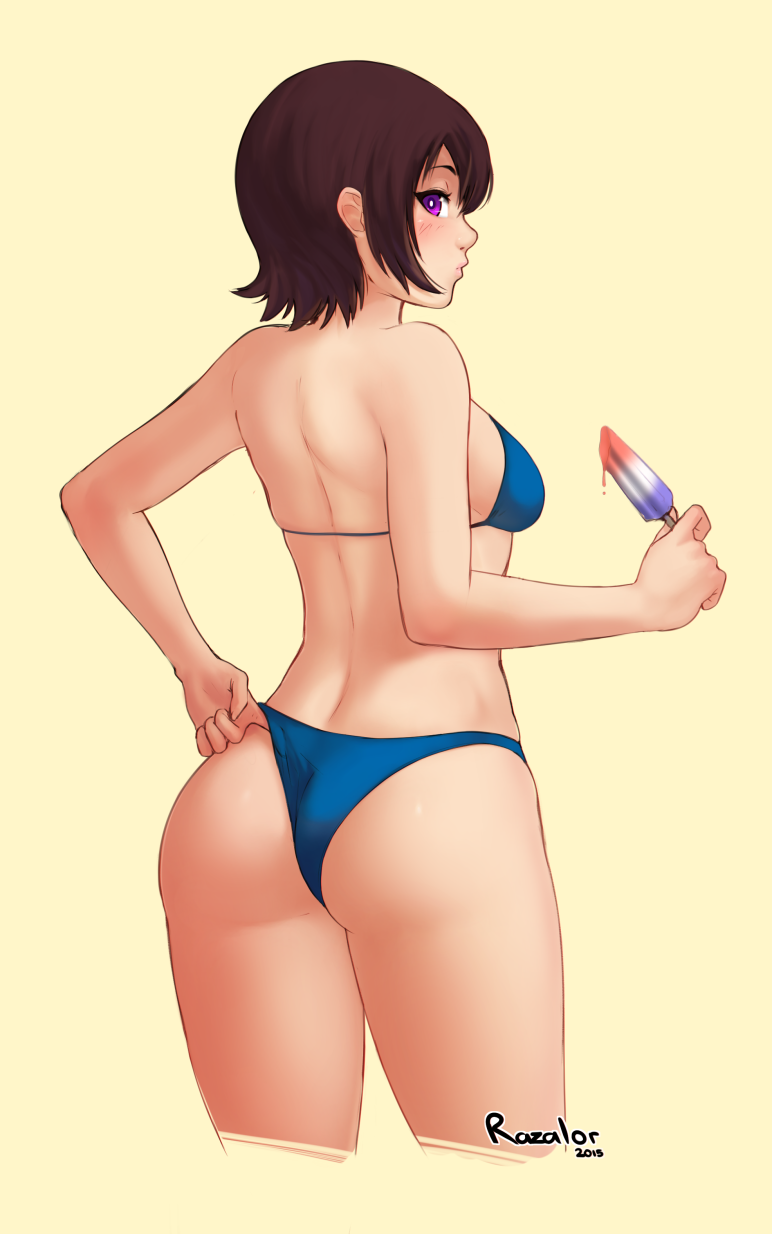 1girl adjusting_clothes adjusting_swimsuit ass bikini blue_bikini brown_hair highres looking_at_viewer original popsicle razalor short_hair simple_background solo swimsuit violet_eyes yellow_background