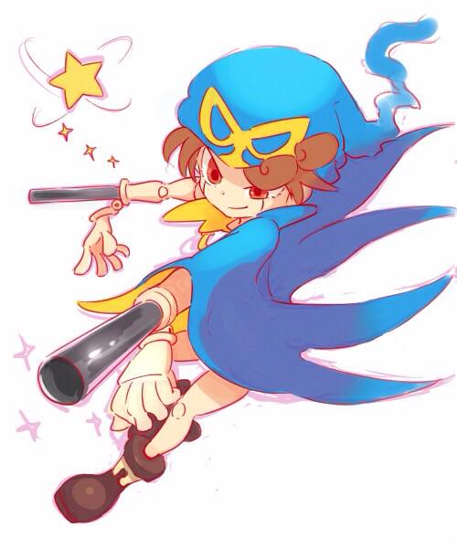 1boy 33333_33333 ankle_boots arm_cannon boots brown_hair cape commentary_request doll_joints geno male_focus smile solo star super_mario_rpg weapon