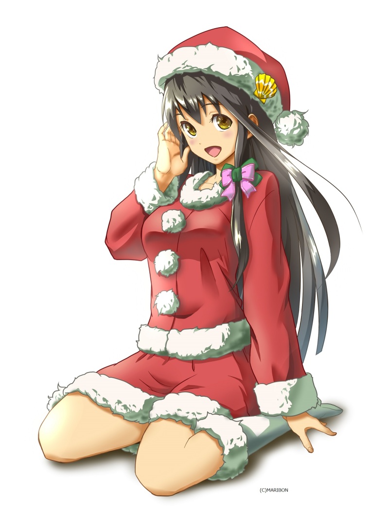 1girl adjusting_hair aoshima_megu black_hair boots bowtie breasts brown_eyes clam hair_ornament hamaguchi_yoshihiro hat long_hair mascot ribbon santa_boots santa_costume santa_hat sidelocks sitting solo