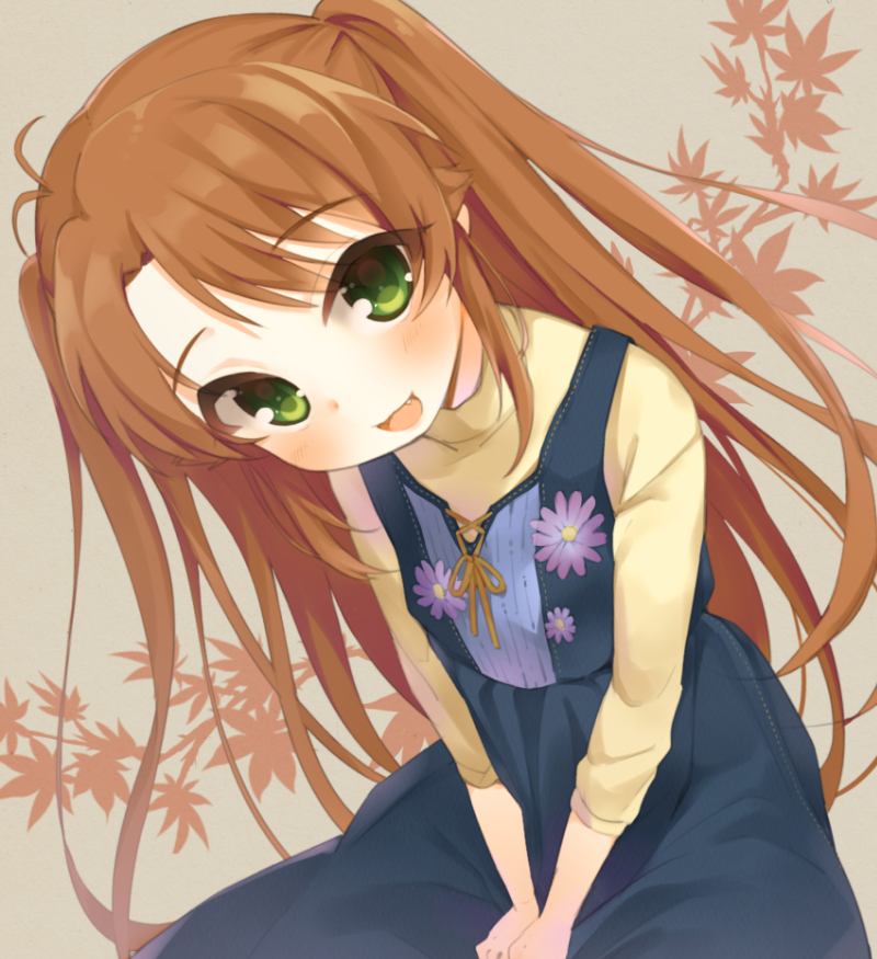 1girl :d antenna_hair blush brown_hair fang flower from_above green_eyes hym9594 koshigaya_komari leaf long_hair long_sleeves looking_at_viewer non_non_biyori open_mouth sitting smile solo