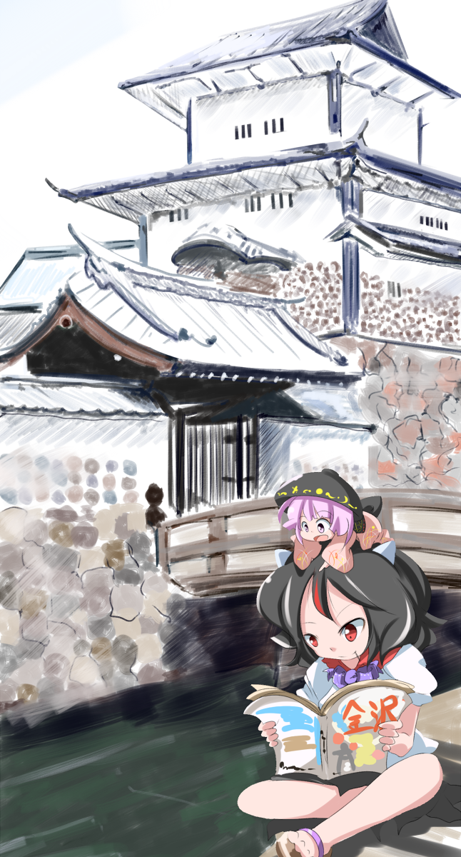2girls :d architecture black_hair bowl bowl_hat bridge castle east_asian_architecture hat highres horns indian_style japanese_clothes kijin_seija kikurage_(sugi222) kimono lavender_eyes lavender_hair looking_down magazine multicolored_hair multiple_girls open_mouth outdoors person_on_head puffy_short_sleeves puffy_sleeves red_eyes sandals short_hair short_sleeves sitting smile streaked_hair sukuna_shinmyoumaru toothpick touhou translated