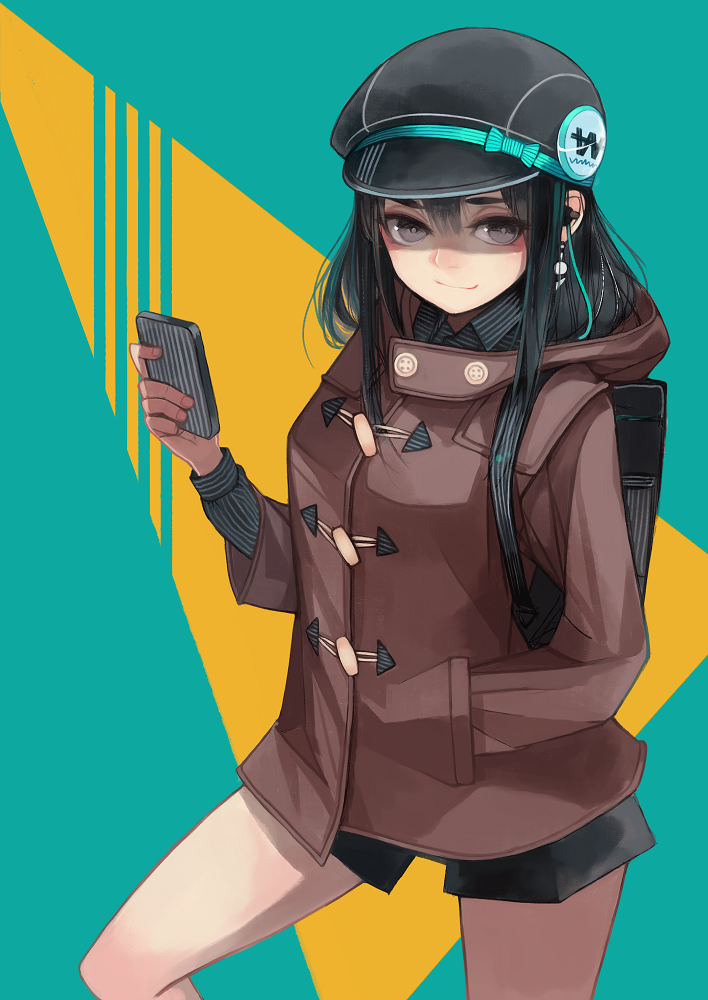 1girl backpack bag black_hair bow cellphone earphones grey_eyes hat holding_phone hood_down jacket long_hair looking_at_viewer original phone shirt shorts smirk solo striped striped_bow striped_shirt window1228